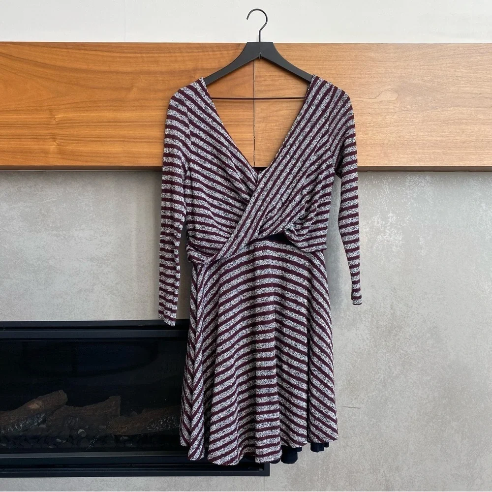 NWT Free People Retro Eggplant Combo 3/4 Sleeve Flare Mini Dress, Size L